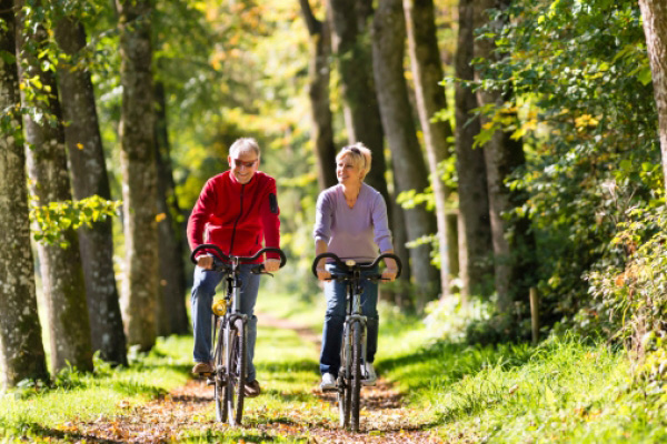 Un couple de seniors à vélo dans la forêt
